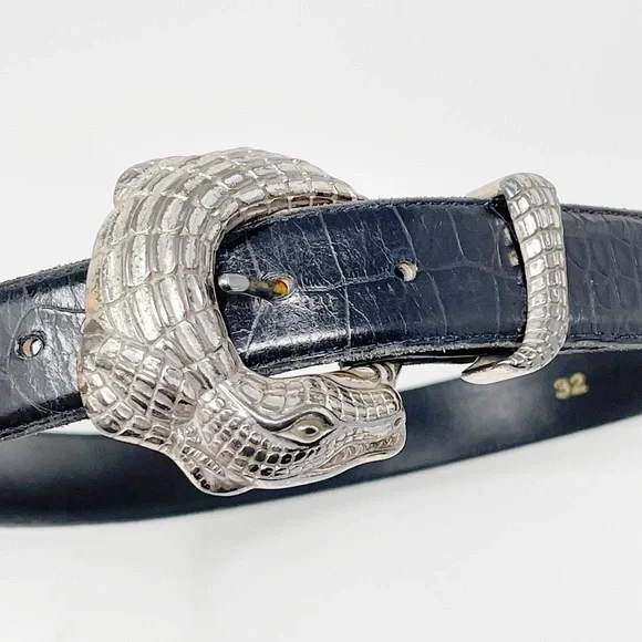 Vintage Vicenza 404 Leather Croc Belt Silver Hardwear Embossed Adjustable Sz 32 - Picture 3 of 7